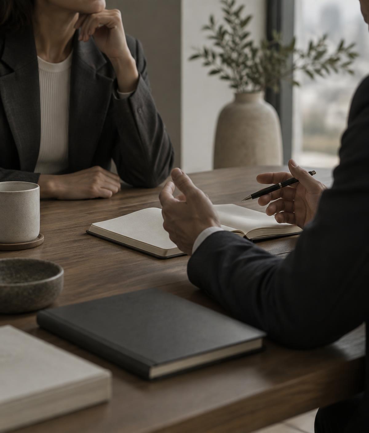 Representative image of a professional consultation across a meeting table