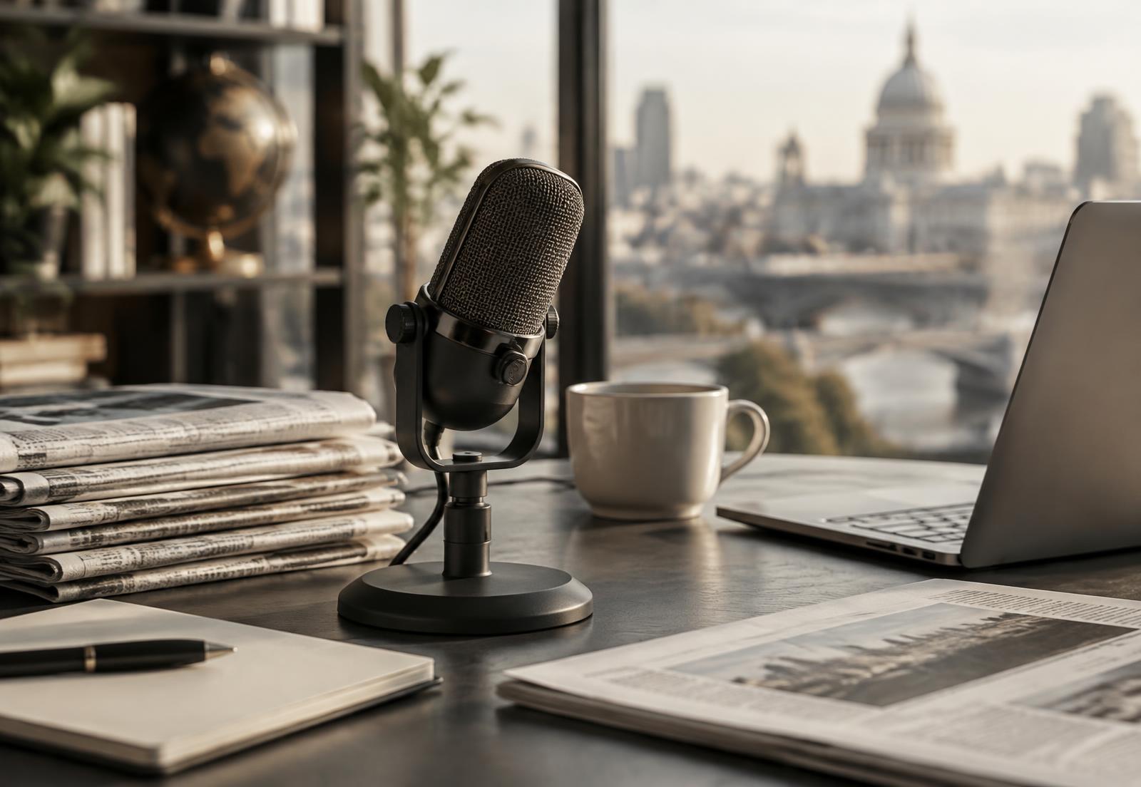 Representative editorial image of a microphone, newspapers and a laptop on a desk